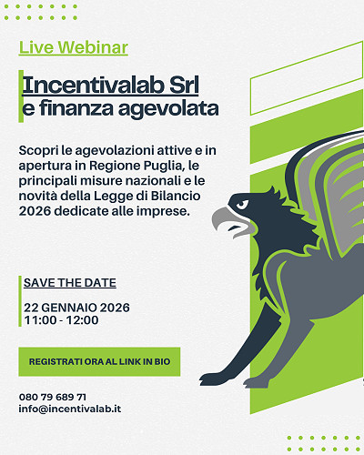 Webinar gratuito | 22.01.26 | Opportunità di finanza agevolata 2026